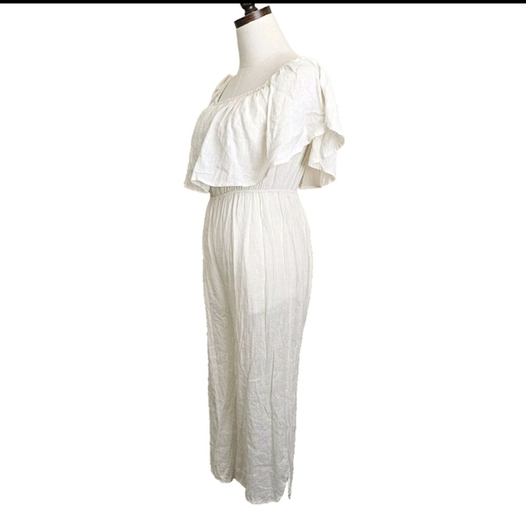 Audrey 3+1 Linen Blend Boho Wide Leg Off Shoulder Ruffle Ivory White Jumpsuit, S - Picture 4 of 15